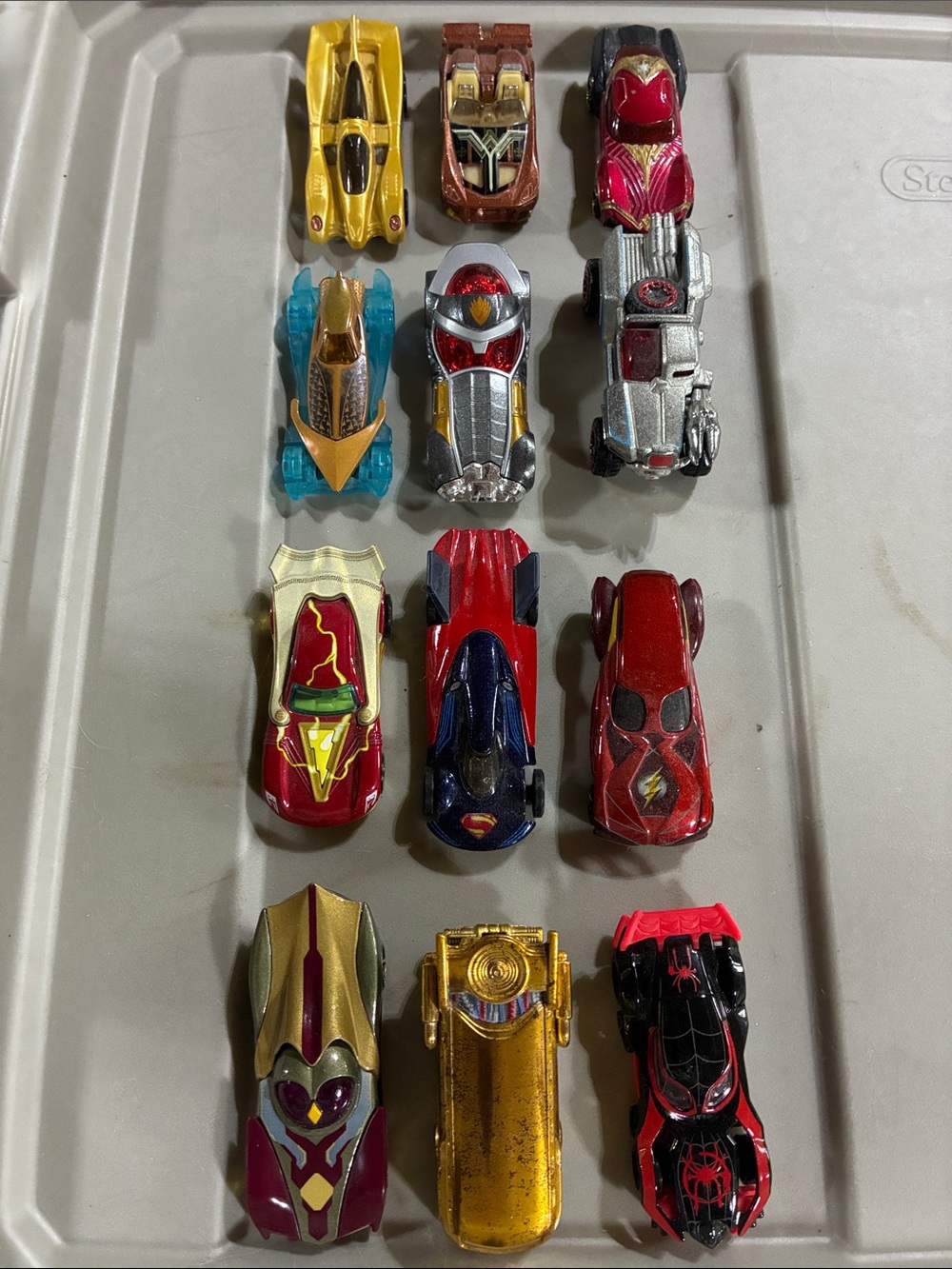 12 Assorted Mattel Hotwheels Toy Cars Aquaman, Flash, Wonder Woman, Spider, etc
